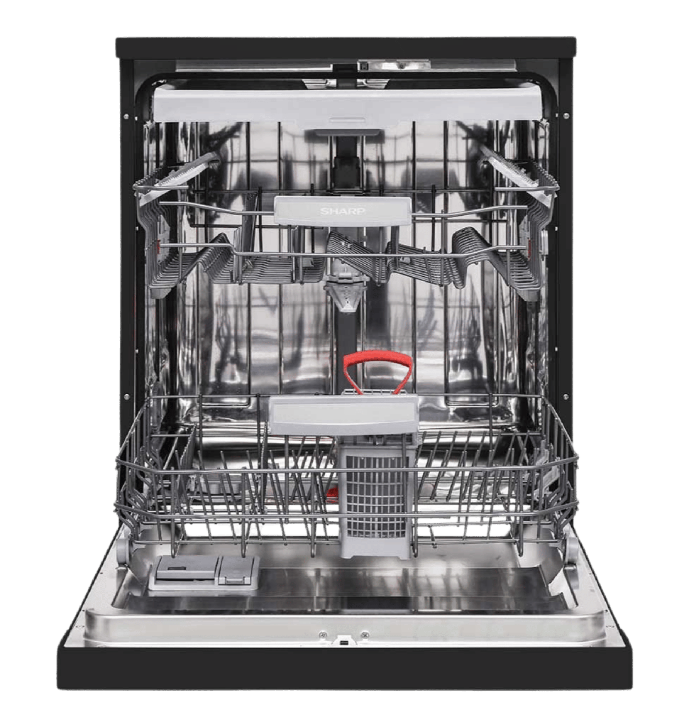 غساله اطباق شارب 14 فرد10 برنامج ديجيتال انفرتر تانك تخزين تنظيف بالبخار وتجفيف وغسيل صامت 3 رف 3 رشاش اسود QW-V1014A-BK