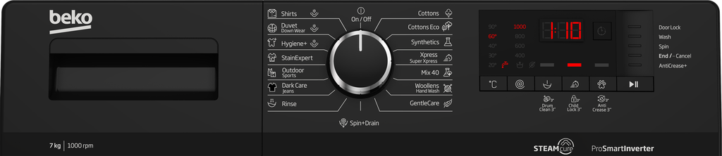 غساله بيكو 7ك 1000 لفه ديجيتال انفرتر باب كبير بخار اسود WTV7512XBCI