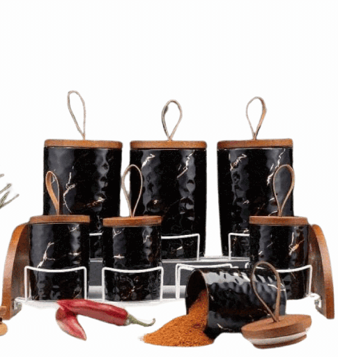 [105097] طقم توابل غطا خشب 7 ق مد رين